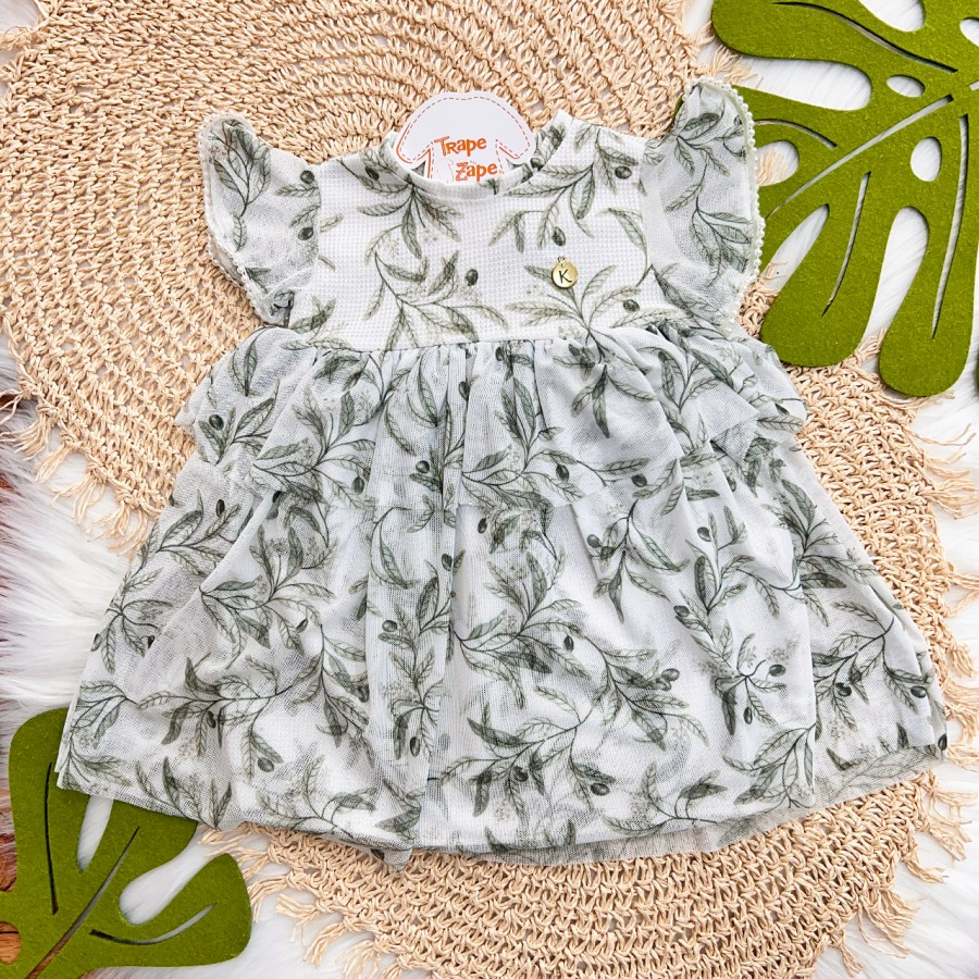 Vestido em Tule Plantinhas com Mangas Peroladas - Verde